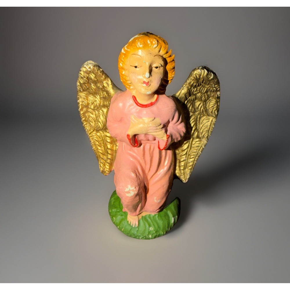 Vtg RARE Fontanini Made in Italy Paper‎ Mache Angel in Pink Gold Christmas